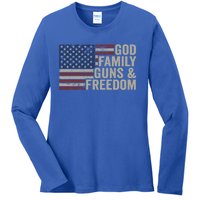 God Family Guns And Freedom Gift Pro Gun Vintage Usa Flag Cool Gift Ladies Long Sleeve Shirt