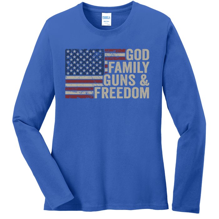 God Family Guns And Freedom Gift Pro Gun Vintage Usa Flag Cool Gift Ladies Long Sleeve Shirt