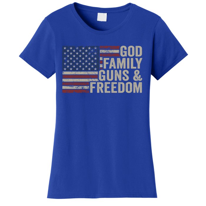 God Family Guns And Freedom Gift Pro Gun Vintage Usa Flag Cool Gift Women's T-Shirt