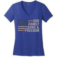 God Family Guns And Freedom Gift Pro Gun Vintage Usa Flag Cool Gift Women's V-Neck T-Shirt