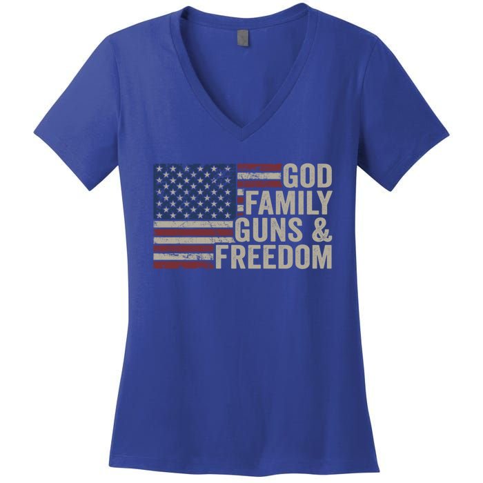 God Family Guns And Freedom Gift Pro Gun Vintage Usa Flag Cool Gift Women's V-Neck T-Shirt