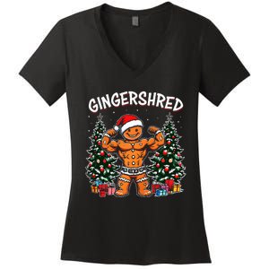 Gingershred Funny Gingerbread Man Gym Bodybuilding Christmas Women's V-Neck T-Shirt