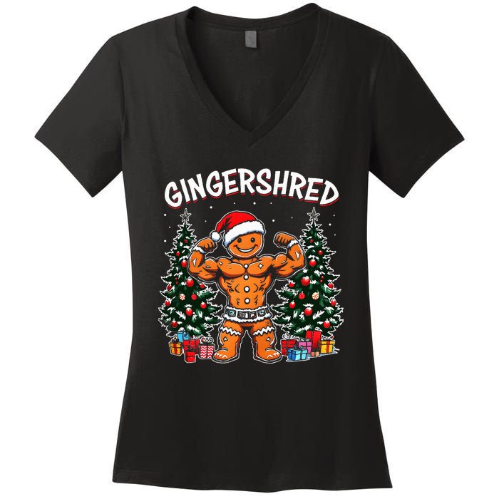 Gingershred Funny Gingerbread Man Gym Bodybuilding Christmas Women's V-Neck T-Shirt