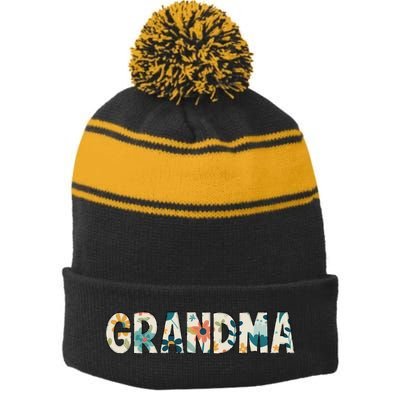 Grandma Floral Stripe Pom Pom Beanie