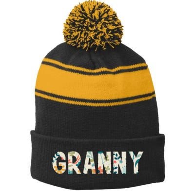 Granny Floral Stripe Pom Pom Beanie