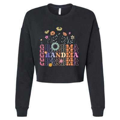 Grandma Flowers Groovy Retro Hippie Wildflower Cropped Pullover Crew