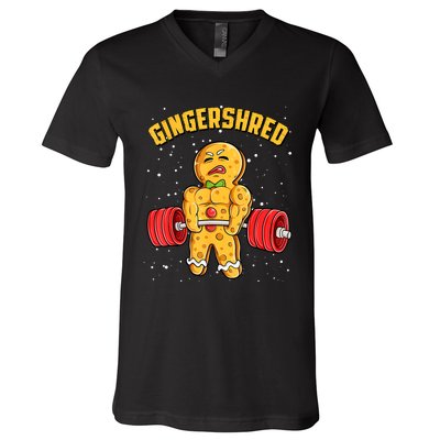 Gingershred Funny Gingerbread Man Gym Bodybuilding Christmas V-Neck T-Shirt