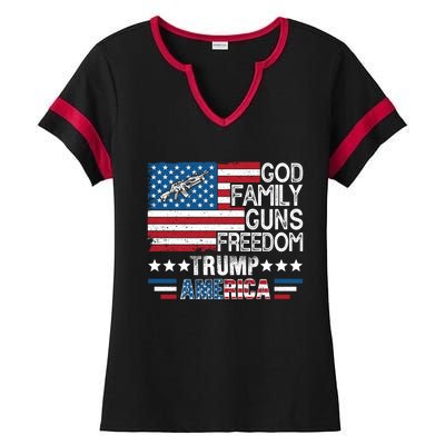 God Family Guns And Freedom Pro Trump 2024 Maga American Flag Gift Ladies Halftime Notch Neck Tee