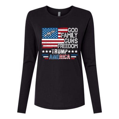 God Family Guns And Freedom Pro Trump 2024 Maga American Flag Gift Womens Cotton Relaxed Long Sleeve T-Shirt