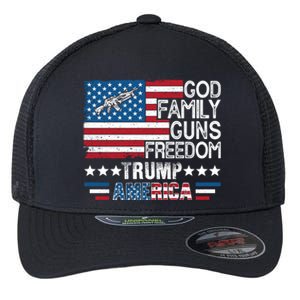 God Family Guns And Freedom Pro Trump 2024 Maga American Flag Gift Flexfit Unipanel Trucker Cap