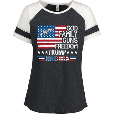 God Family Guns And Freedom Pro Trump 2024 Maga American Flag Gift Enza Ladies Jersey Colorblock Tee