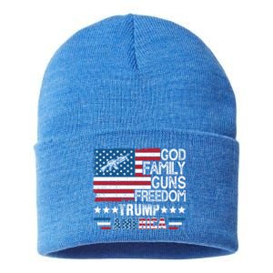 God Family Guns And Freedom Pro Trump 2024 Maga American Flag Gift Sustainable Knit Beanie