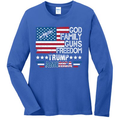 God Family Guns And Freedom Pro Trump 2024 Maga American Flag Gift Ladies Long Sleeve Shirt