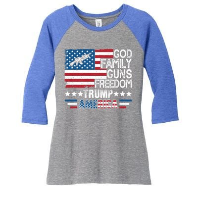 God Family Guns And Freedom Pro Trump 2024 Maga American Flag Gift Women's Tri-Blend 3/4-Sleeve Raglan Shirt