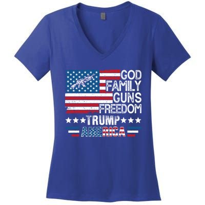 God Family Guns And Freedom Pro Trump 2024 Maga American Flag Gift Women's V-Neck T-Shirt