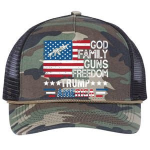 God Family Guns And Freedom Pro Trump 2024 Maga American Flag Gift Retro Rope Trucker Hat Cap