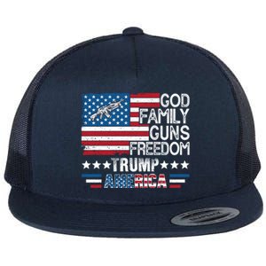 God Family Guns And Freedom Pro Trump 2024 Maga American Flag Gift Flat Bill Trucker Hat