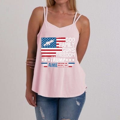 God Family Guns And Freedom Pro Trump 2024 Maga American Flag Gift Women's Strappy Tank