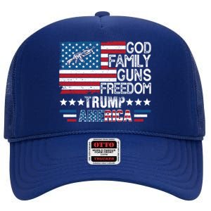 God Family Guns And Freedom Pro Trump 2024 Maga American Flag Gift High Crown Mesh Back Trucker Hat