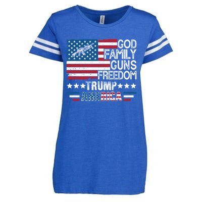 God Family Guns And Freedom Pro Trump 2024 Maga American Flag Gift Enza Ladies Jersey Football T-Shirt