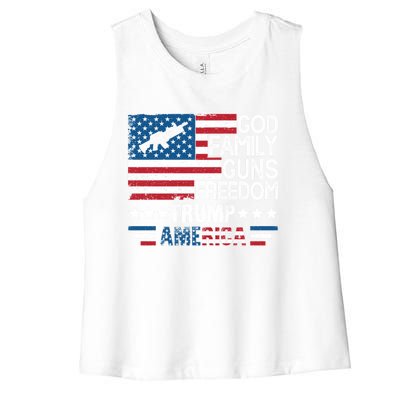 God Family Guns And Freedom Pro Trump 2024 Maga American Flag Gift Women's Racerback Cropped Tank