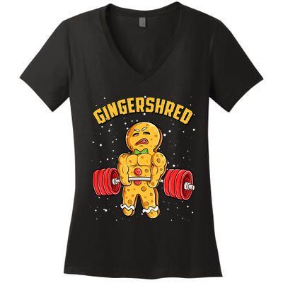 Gingershred Funny Gingerbread Man Gym Bodybuilding Christmas Women's V-Neck T-Shirt