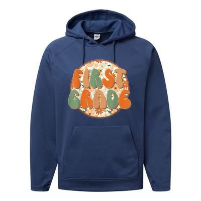 Groovy First Grade Teachers Kids Retro Hippie Back To School Performance Fleece Hoodie