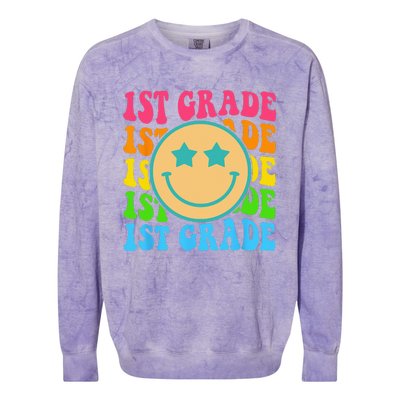 Groovy First Grade Vibes Face Retro Teachers Back To School Colorblast Crewneck Sweatshirt