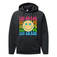 Groovy First Grade Vibes Face Retro Teachers Back To School Performance Fleece Hoodie