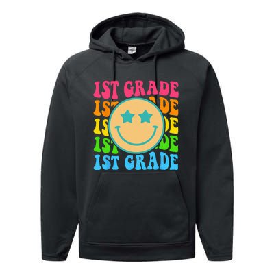 Groovy First Grade Vibes Face Retro Teachers Back To School Performance Fleece Hoodie