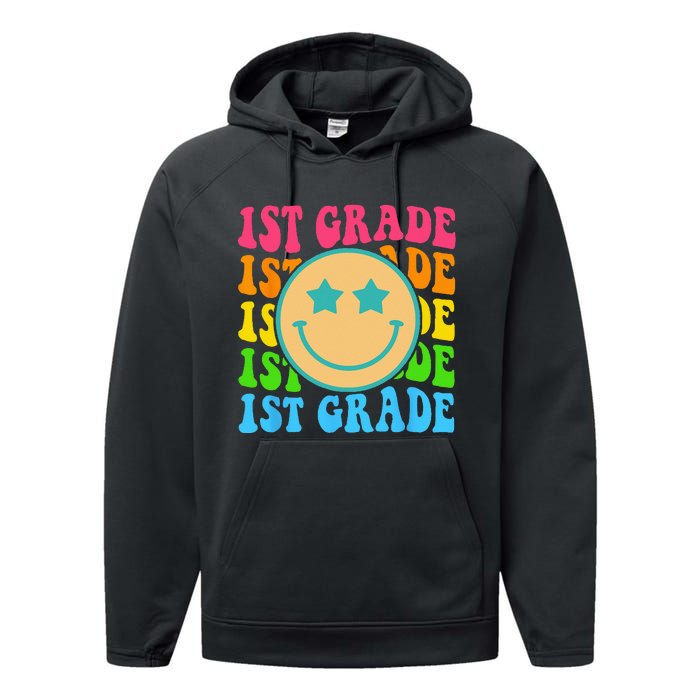 Groovy First Grade Vibes Face Retro Teachers Back To School Performance Fleece Hoodie