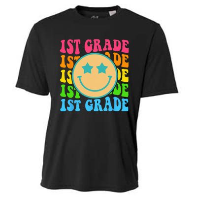 Groovy First Grade Vibes Face Retro Teachers Back To School Cooling Performance Crew T-Shirt