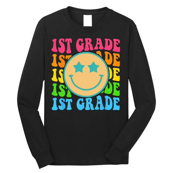 Groovy First Grade Vibes Face Retro Teachers Back To School Long Sleeve Shirt