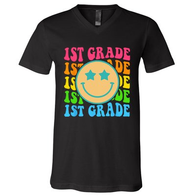 Groovy First Grade Vibes Face Retro Teachers Back To School V-Neck T-Shirt