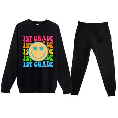 Groovy First Grade Vibes Face Retro Teachers Back To School Premium Crewneck Sweatsuit Set