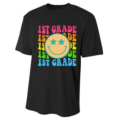 Groovy First Grade Vibes Face Retro Teachers Back To School Performance Sprint T-Shirt