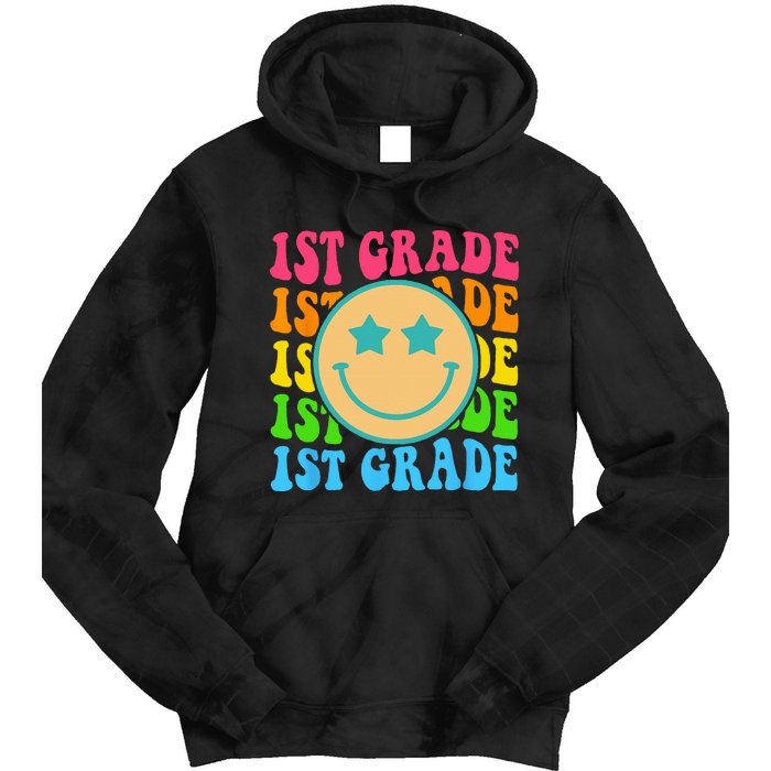 Groovy First Grade Vibes Face Retro Teachers Back To School Tie Dye Hoodie