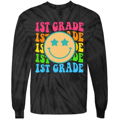 Groovy First Grade Vibes Face Retro Teachers Back To School Tie-Dye Long Sleeve Shirt