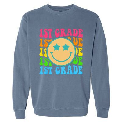 Groovy First Grade Vibes Face Retro Teachers Back To School Garment-Dyed Sweatshirt