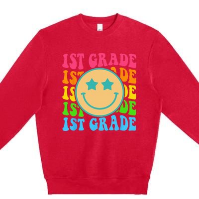 Groovy First Grade Vibes Face Retro Teachers Back To School Premium Crewneck Sweatshirt