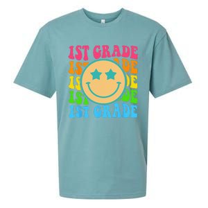 Groovy First Grade Vibes Face Retro Teachers Back To School Sueded Cloud Jersey T-Shirt