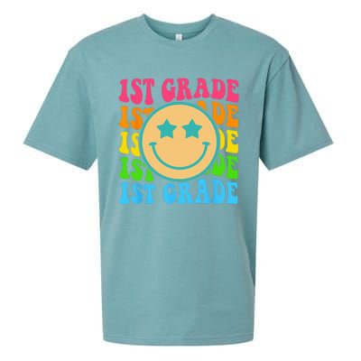 Groovy First Grade Vibes Face Retro Teachers Back To School Sueded Cloud Jersey T-Shirt