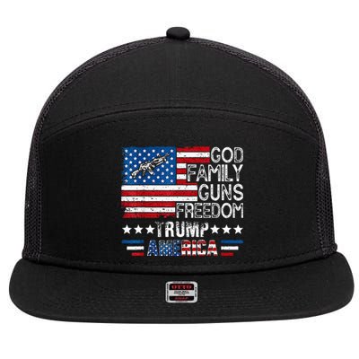 God Family Guns & Freedom Pro Trump 2024 Maga American Flag 7 Panel Mesh Trucker Snapback Hat