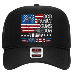 God Family Guns & Freedom Pro Trump 2024 Maga American Flag High Crown Mesh Back Trucker Hat