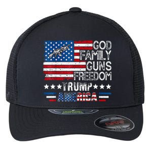 God Family Guns & Freedom Pro Trump 2024 Maga American Flag Flexfit Unipanel Trucker Cap