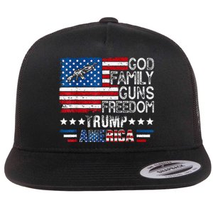 God Family Guns & Freedom Pro Trump 2024 Maga American Flag Flat Bill Trucker Hat