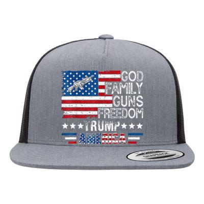 God Family Guns & Freedom Pro Trump 2024 Maga American Flag Flat Bill Trucker Hat