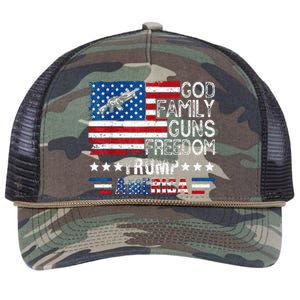 God Family Guns & Freedom Pro Trump 2024 Maga American Flag Retro Rope Trucker Hat Cap