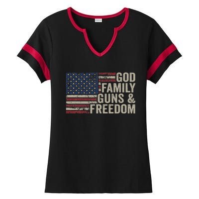 God Family Guns & Freedom Pro Gun Vintage Usa Flag Ladies Halftime Notch Neck Tee