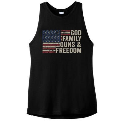 God Family Guns & Freedom Pro Gun Vintage Usa Flag Ladies PosiCharge Tri-Blend Wicking Tank